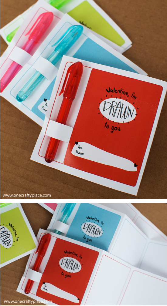 a collection of DIY Valentine's day card for kids with colorful pens and the words "i'm drawn to you"