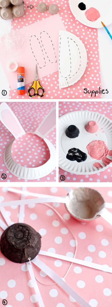 Use a paper plate and egg carton to make bunny ears and nose